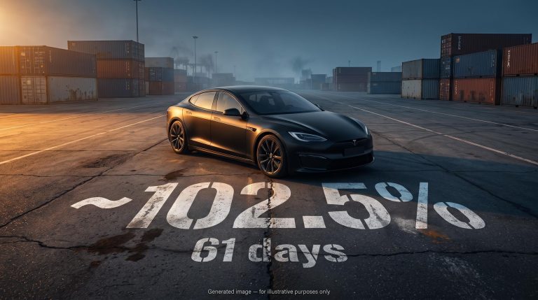 Chinese electric vehicle on port tarmac with "~102.5%" US tariff duty stencilled on ground — US-China trade truce analysis