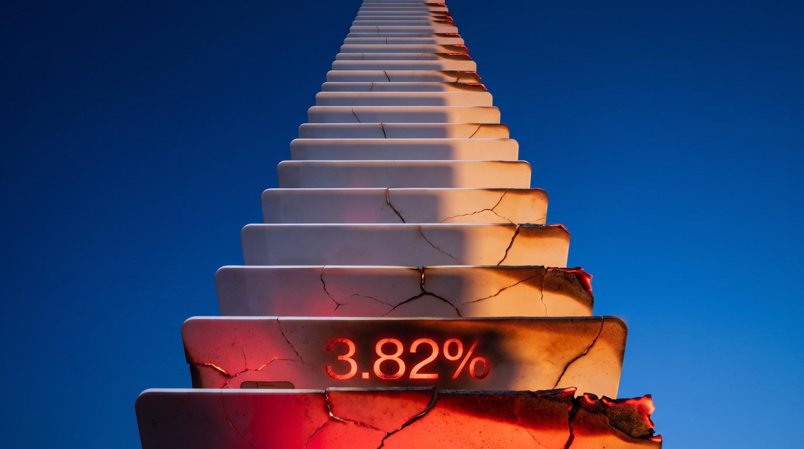 US consumer credit crisis visualised as stress climbing a tower of credit cards, with 3.82% charge-off rate branded on the lowest tier