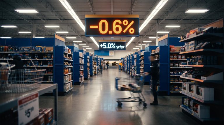 US retail interior with –0.6% July sales headline sign vs +5.0% annual figure, analysing consumer health