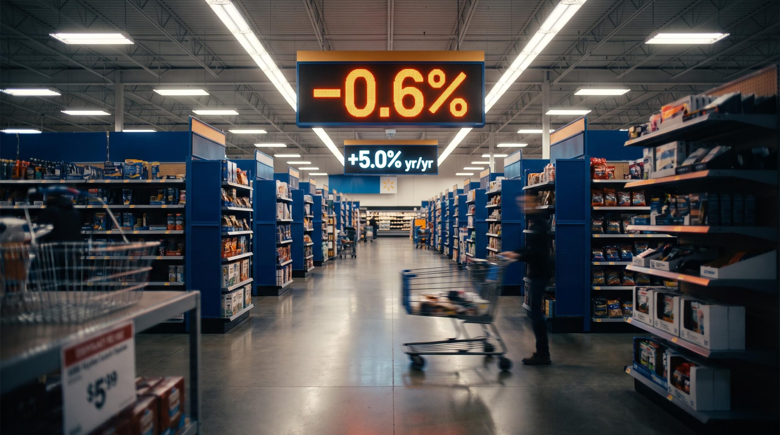 US retail interior with –0.6% July sales headline sign vs +5.0% annual figure, analysing consumer health
