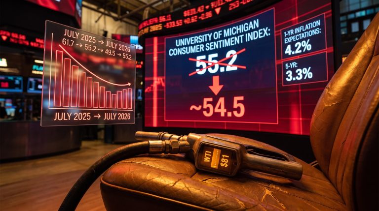 Michigan Consumer Sentiment Index screens show 55.2 declining toward 54.5 with WTI $81 fuel pump and red trading floor