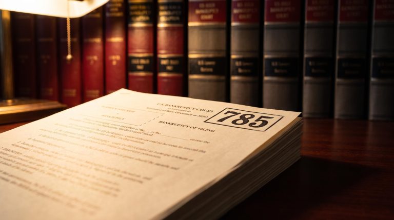 US bankruptcy court document stamped '785' filings, surrounded by red legal binders — credit stress data analysis