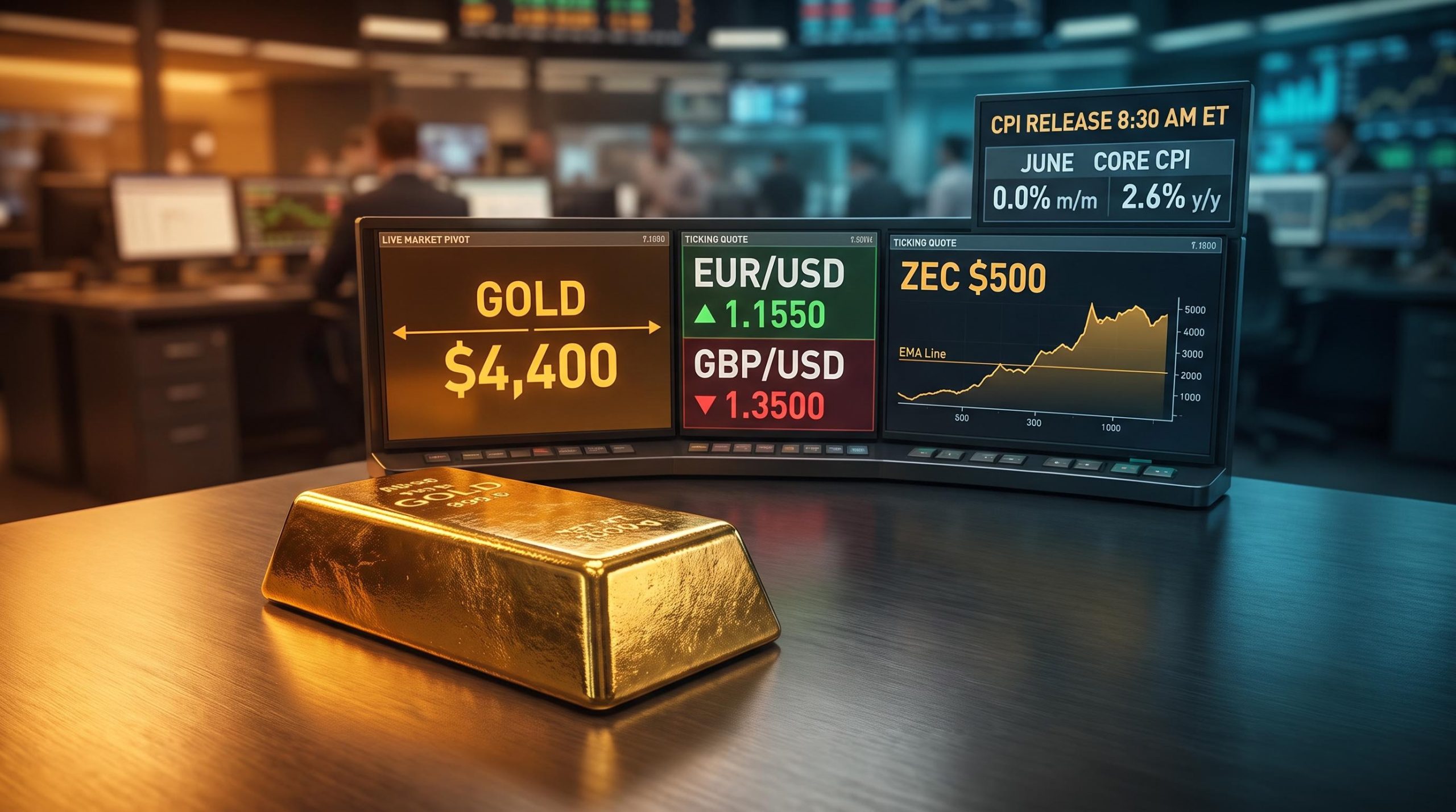 Gold bar at $4,400 pivot level with EUR/USD, GBP/USD and ZEC data panels ahead of US CPI release