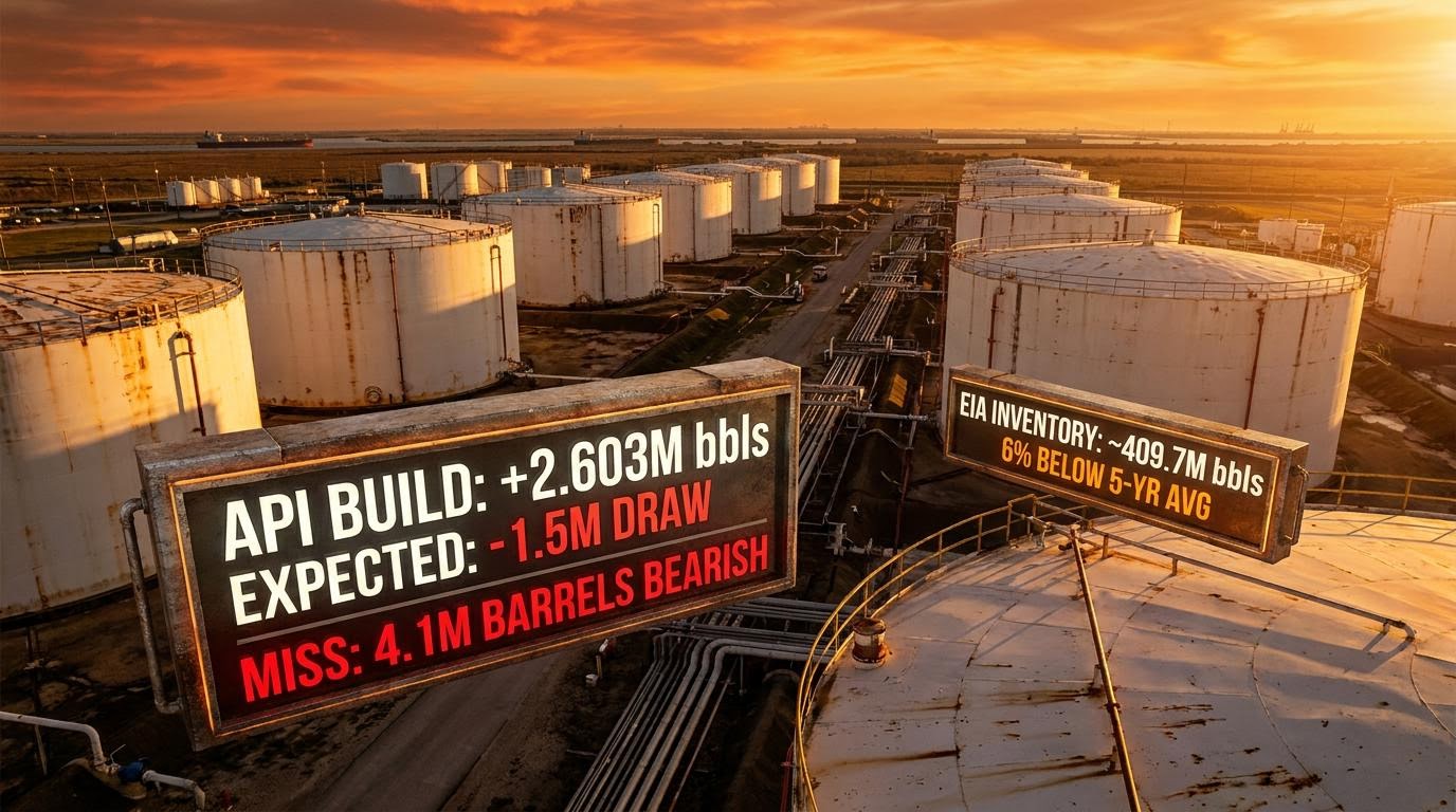US crude inventory API surprise: 2.6M barrel build vs expected 1.5M draw, oil tank farm at dusk