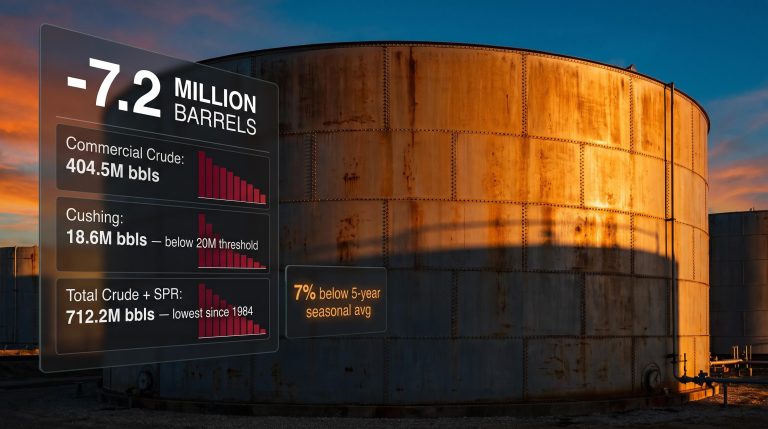 Cushing crude storage tank with EIA data panels showing 7.2M barrel draw and 404.5M barrel US stockpile low