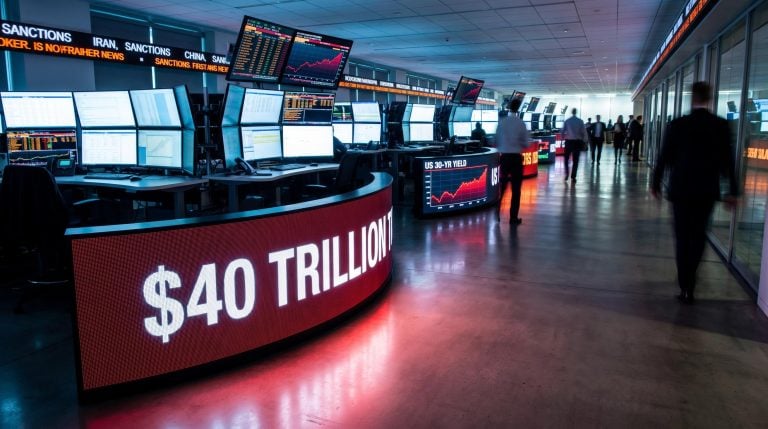 US $40 trillion debt display dominates a bond trading floor as macro risks quietly reprice ASX assets