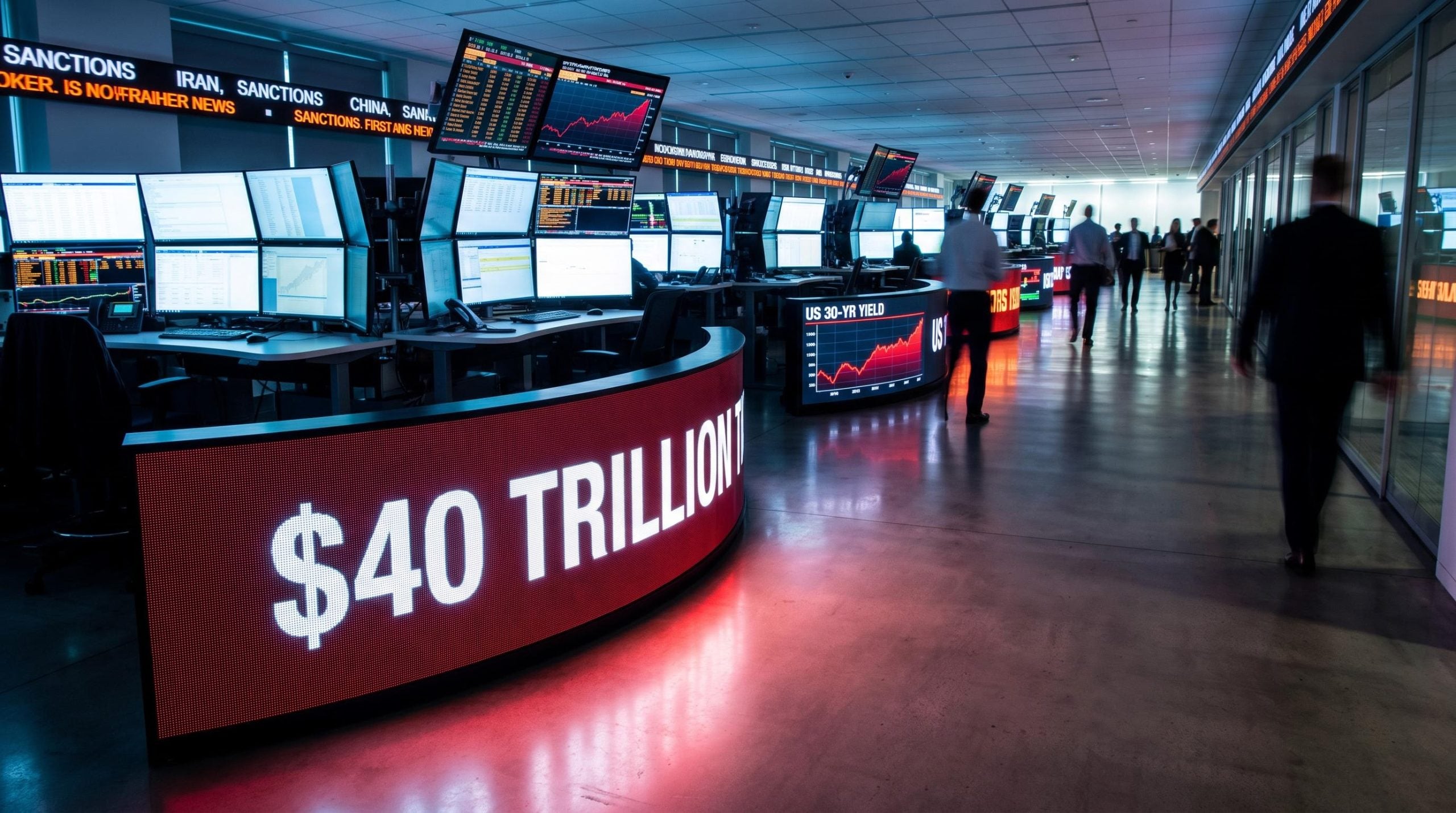US $40 trillion debt display dominates a bond trading floor as macro risks quietly reprice ASX assets