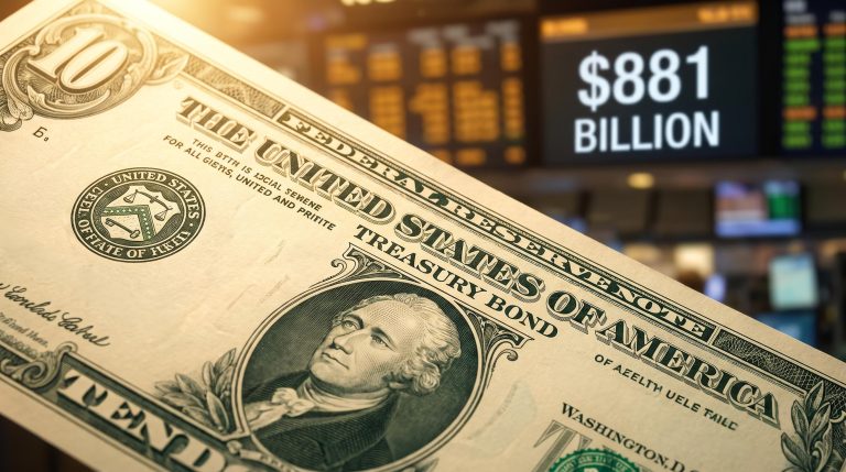 Macro US Treasury bond certificate under editorial light with $881bn interest outlay data — US debt crisis explainer