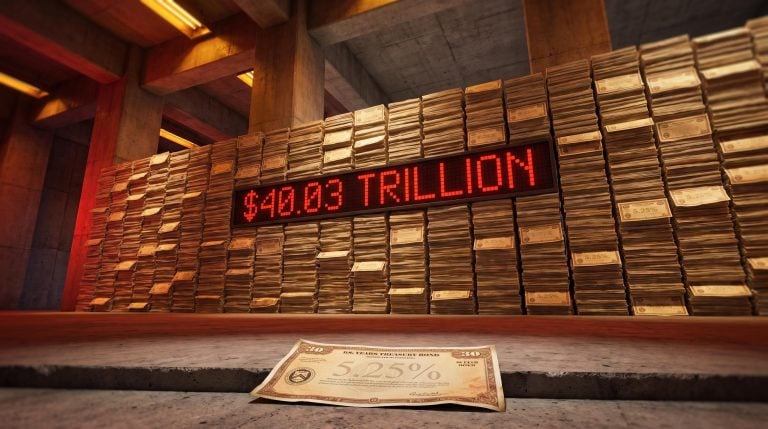 Towering US Treasury bond wall with $40.03 trillion debt figure amid US debt crisis yield pressure