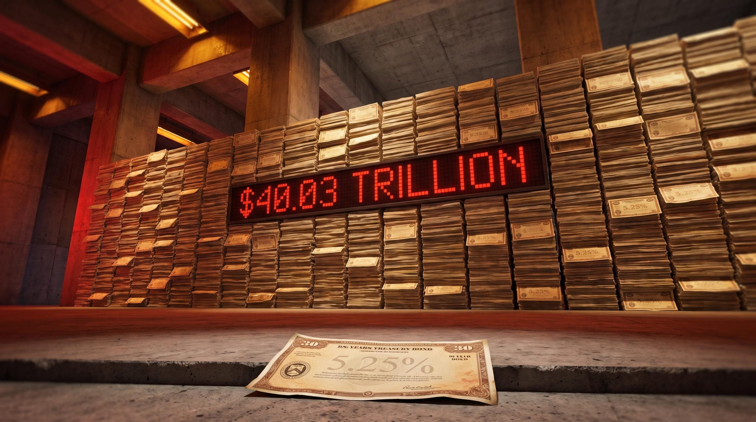 Towering US Treasury bond wall with $40.03 trillion debt figure amid US debt crisis yield pressure
