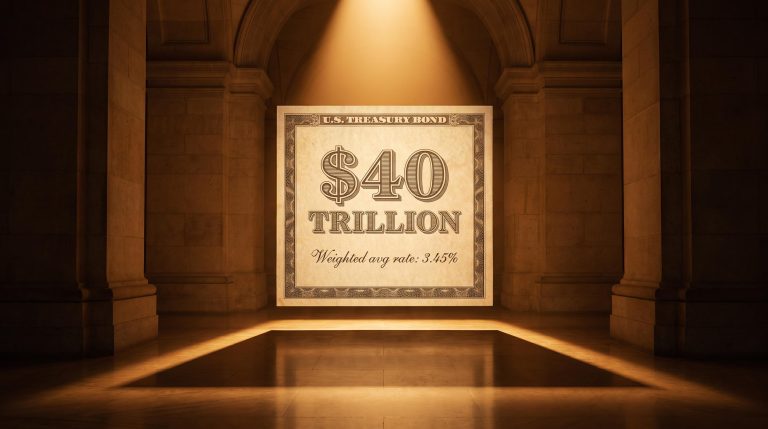Monumental U.S. Treasury bond certificate showing $40 trillion debt load under amber light, illustrating U.S. debt sustainability risk