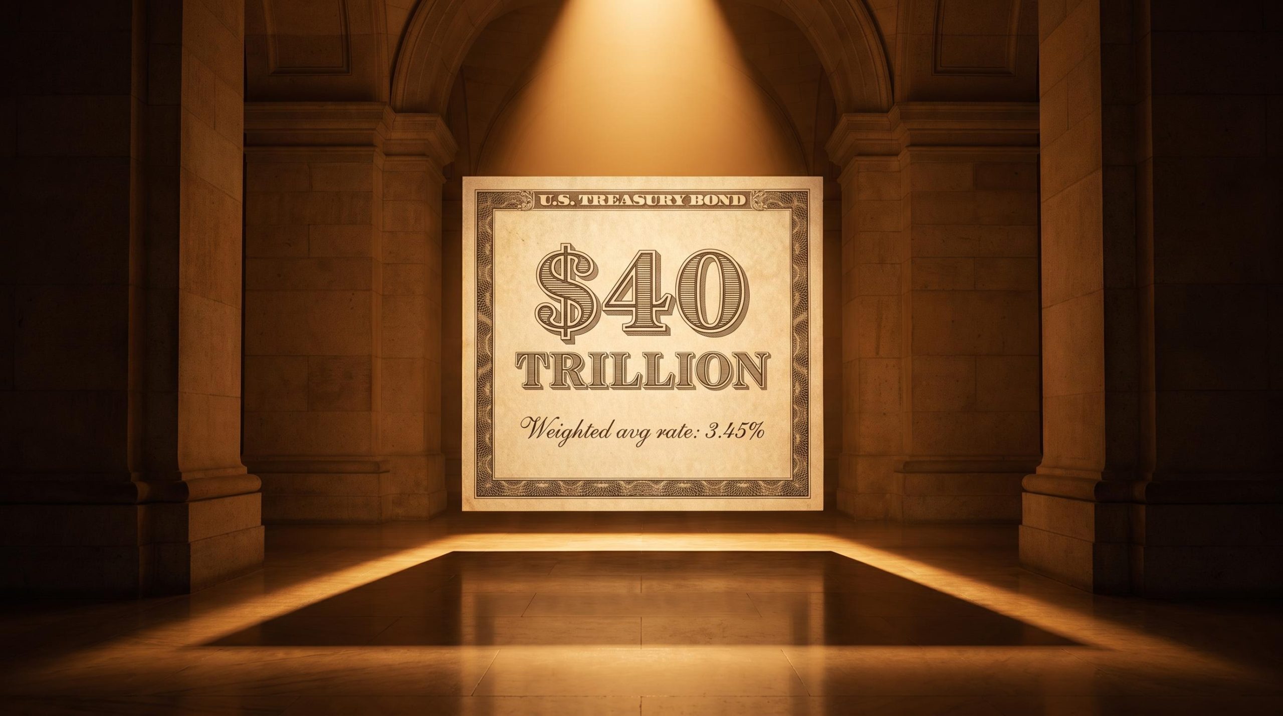 Monumental U.S. Treasury bond certificate showing $40 trillion debt load under amber light, illustrating U.S. debt sustainability risk