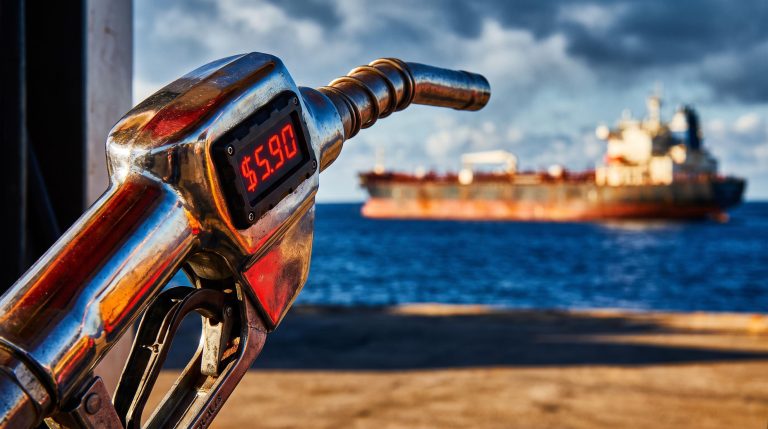 Diesel pump showing $5.90 per gallon with a product tanker on the horizon — US diesel export paradox