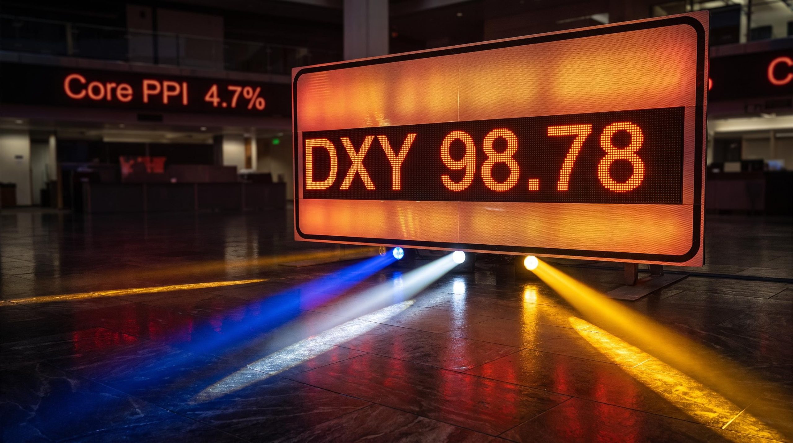 US Dollar Index board showing DXY 98.78 as three structural forces converge in a dramatic editorial trading floor scene