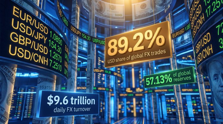 FX trading floor with 89.2% dollar share of global transactions and $9.6 trillion daily turnover displayed