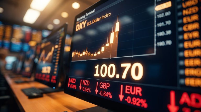 DXY terminal showing 100.70 as US dollar surges across all major pairs on hawkish Fed rate hike signals