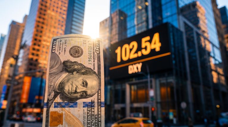 US dollar DXY outlook: banknote before a Manhattan ticker showing the 102.54 annual high resistance level
