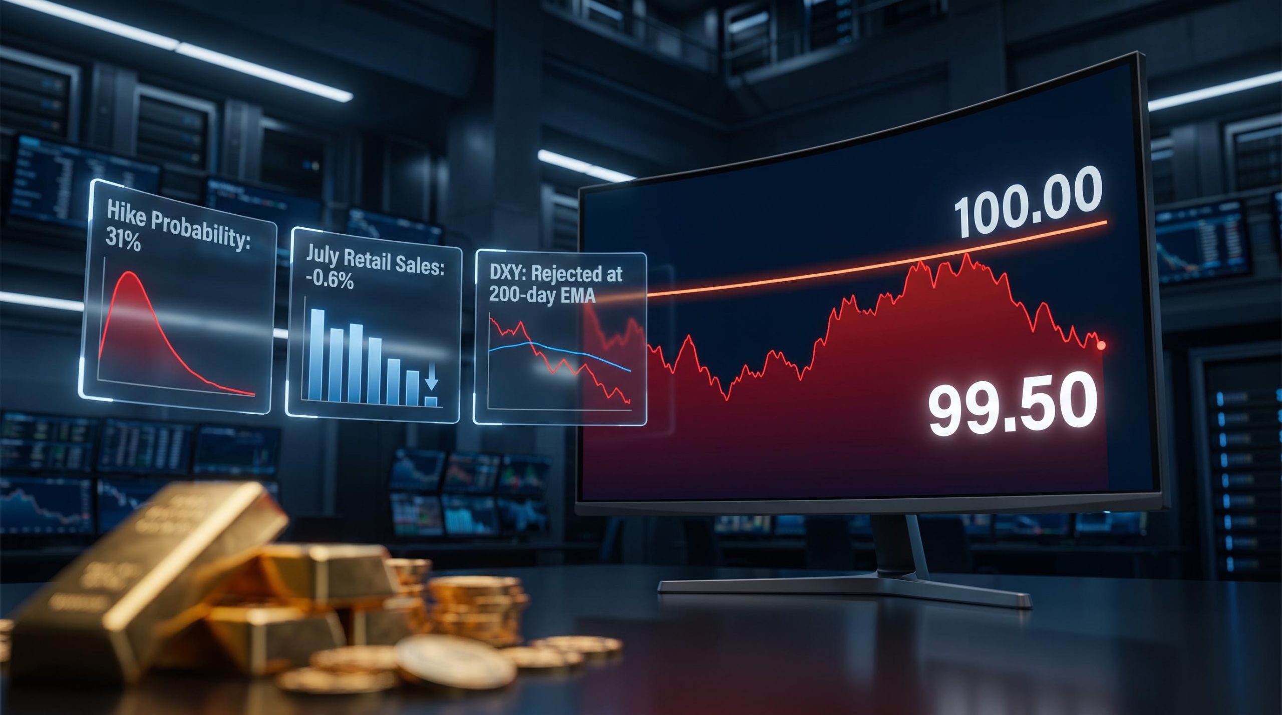 DXY at 99.50 pinned below 100.00 resistance with hike probability at 31% and retail sales at -0.6%