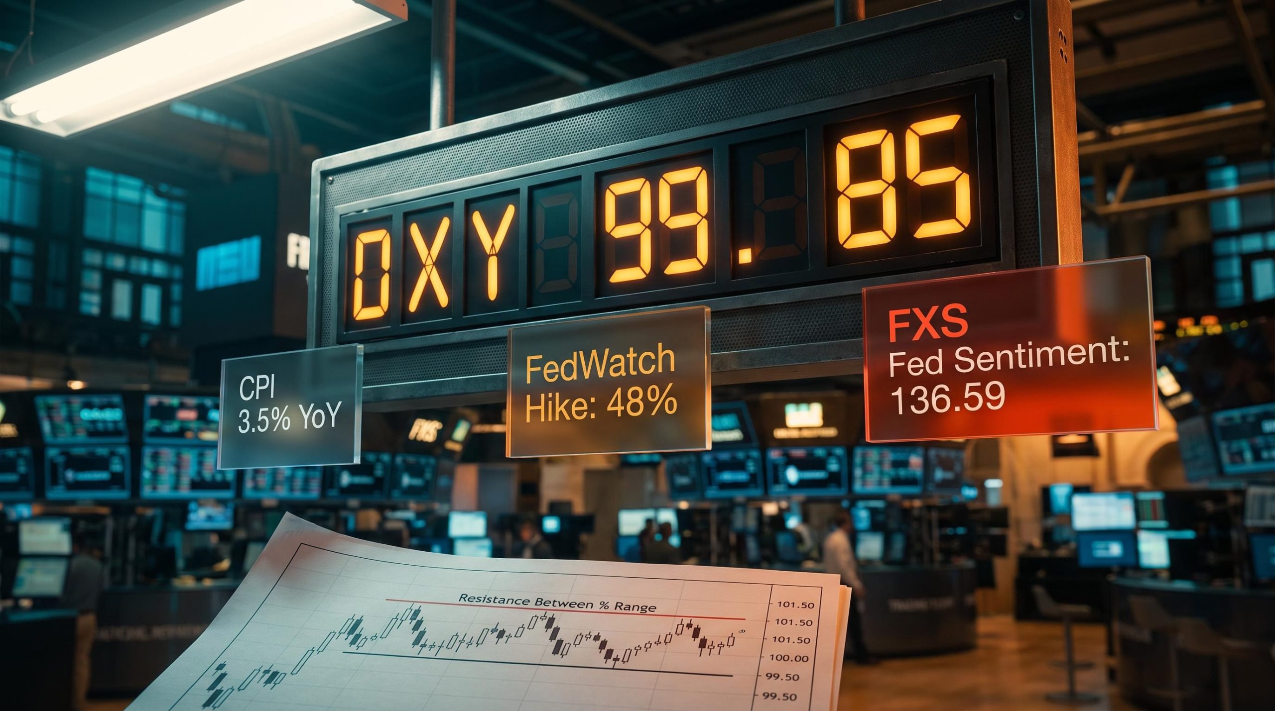DXY near 100 with CPI 3.5%, FedWatch 48% hike odds and Fed Sentiment 136.59 on trading floor panels