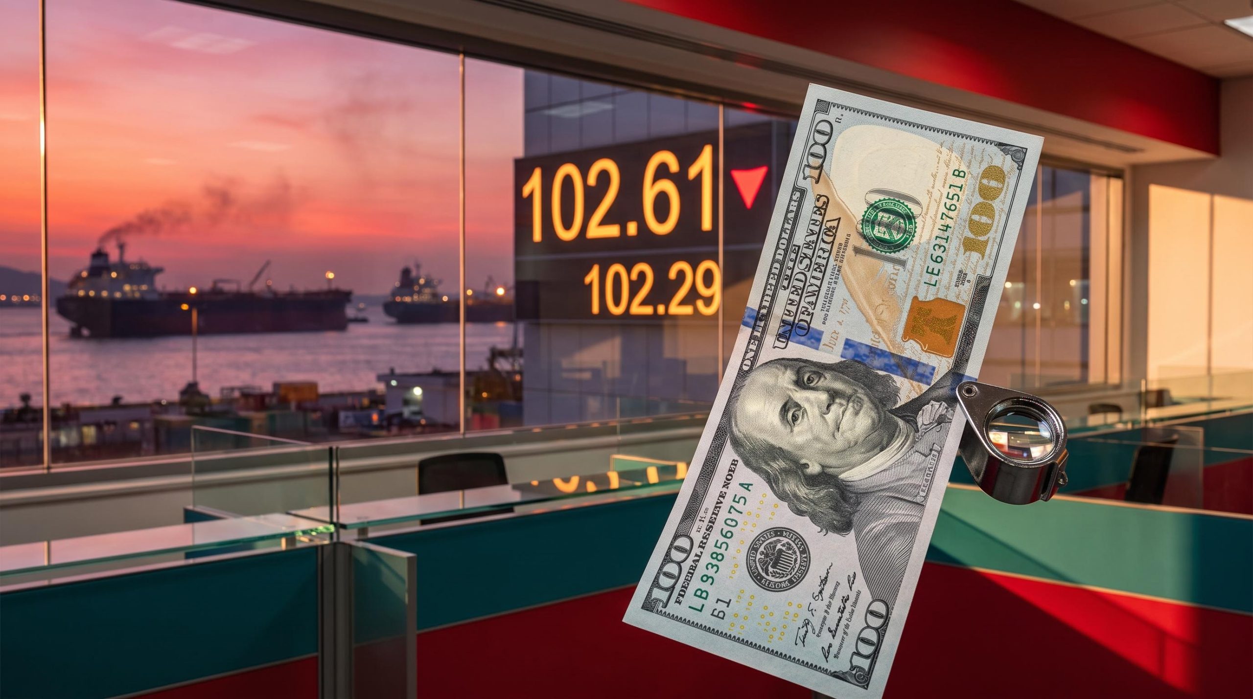 US dollar forecast: banknote before a screen showing DXY 102.61 and 102.29 as oil tankers sit under a tense sunset