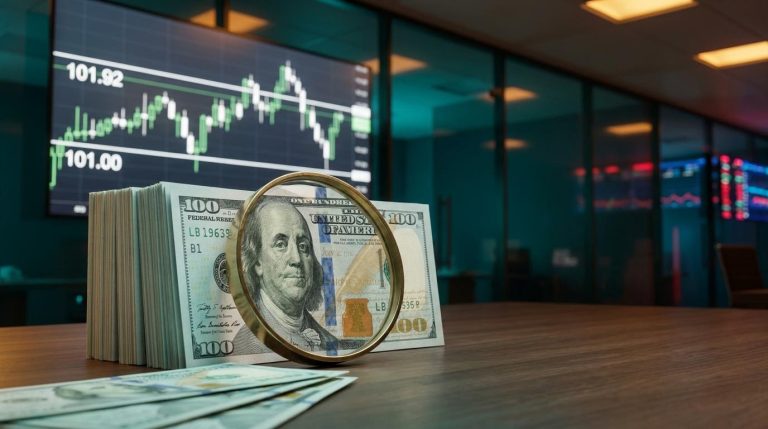 US dollar index analysis: banknote stack under a loupe before a trading screen showing 101.92 resistance and 101.00 support