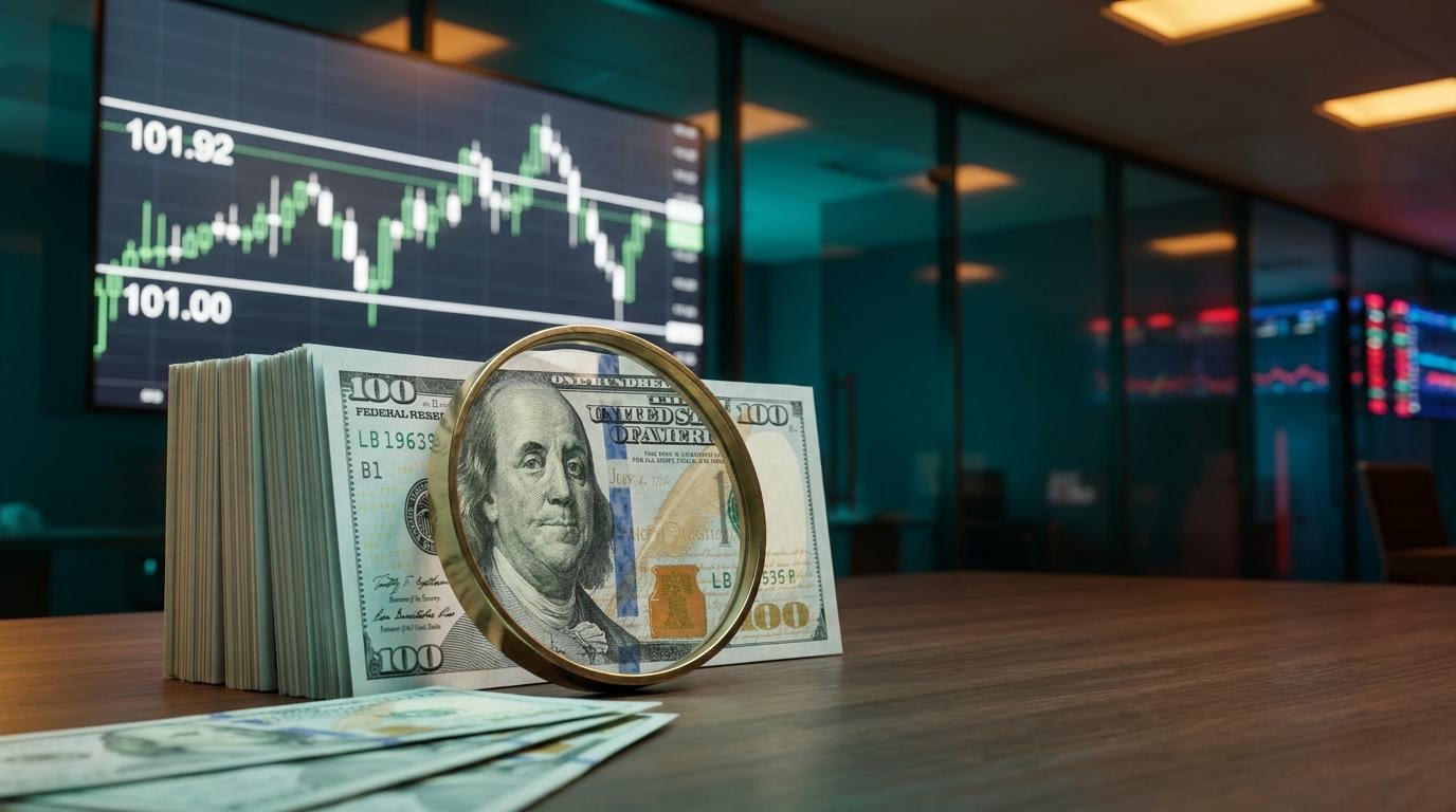 US dollar index analysis: banknote stack under a loupe before a trading screen showing 101.92 resistance and 101.00 support