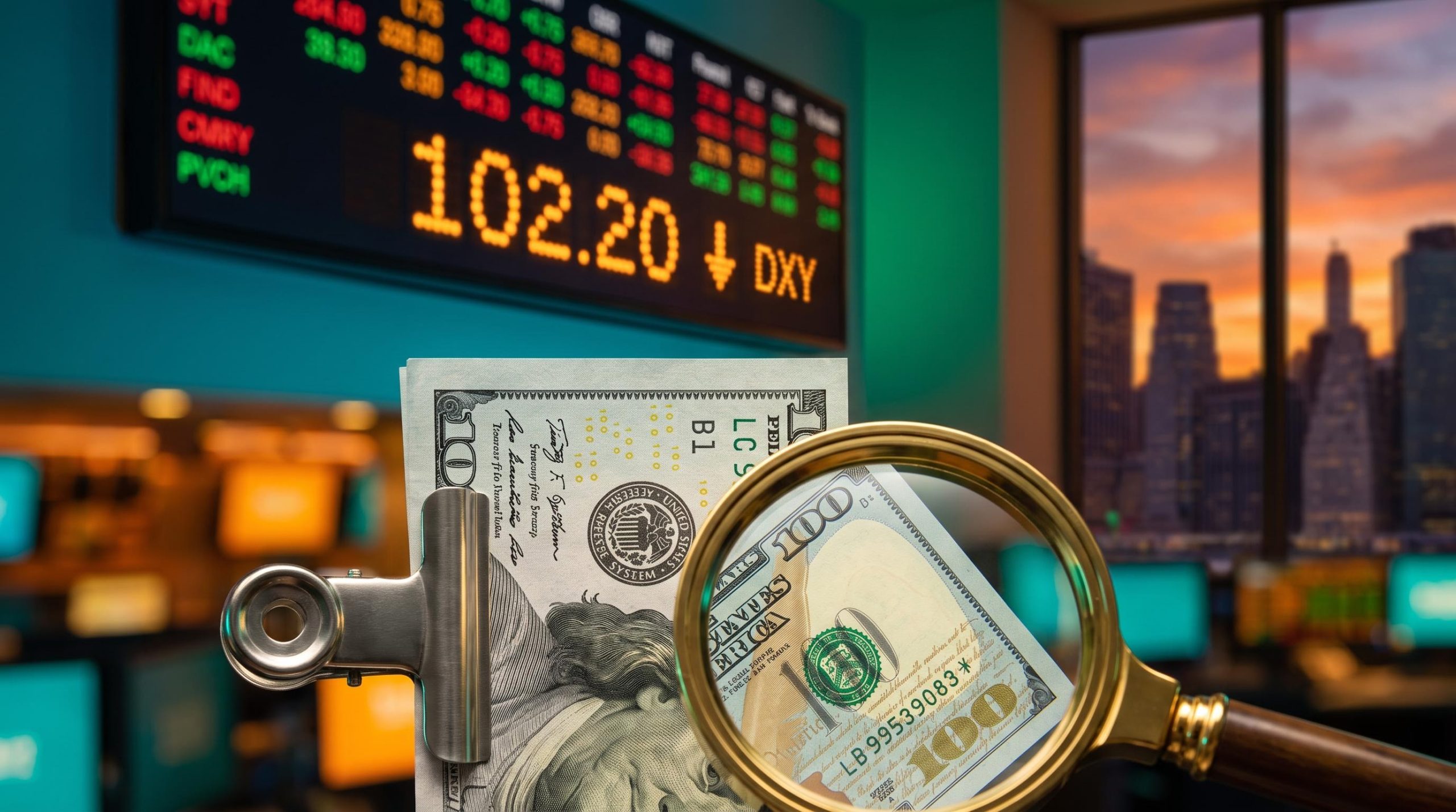 US dollar index at 102.20 on a trading board behind a banknote viewed through a loupe ahead of CPI data
