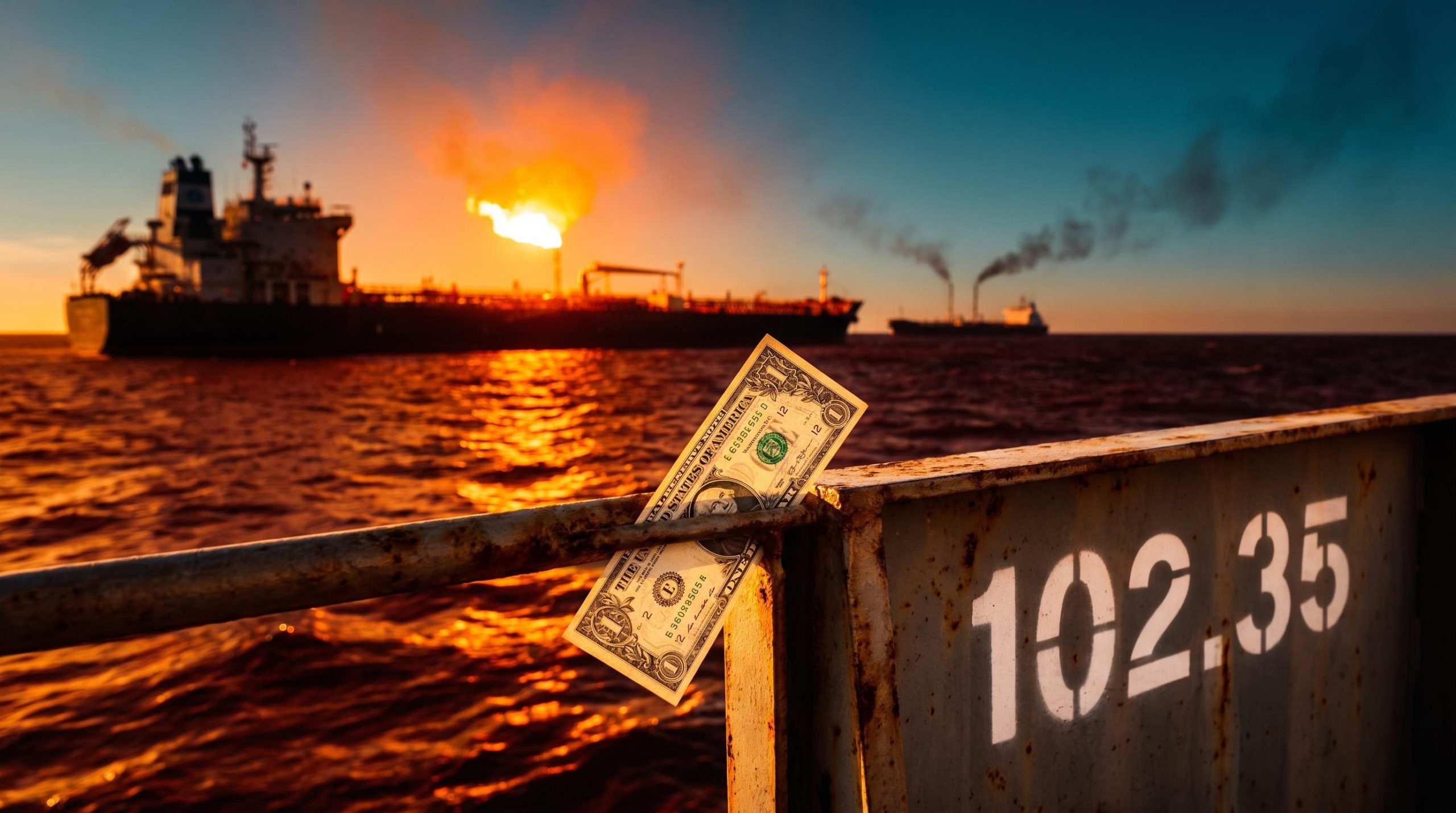 US Dollar Index analysis: dollar note on a tanker rail in the Strait of Hormuz with 102.35 stencilled beside it