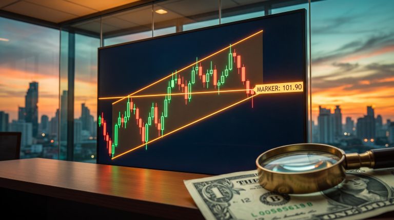 US dollar index forecast chart showing DXY slipping below its ascending channel at 101.90 against a vivid sunset skyline