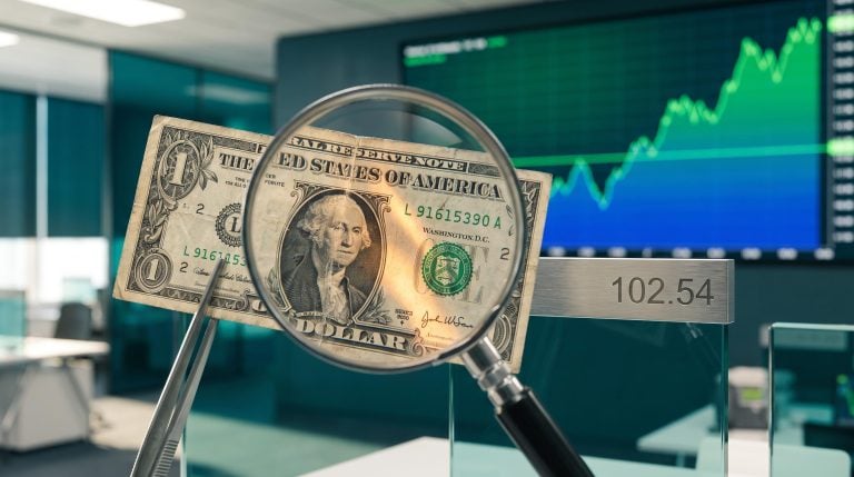 Magnified US dollar banknote under a loupe before a rising chart, showing US Dollar Index strength near the 102.54 peak