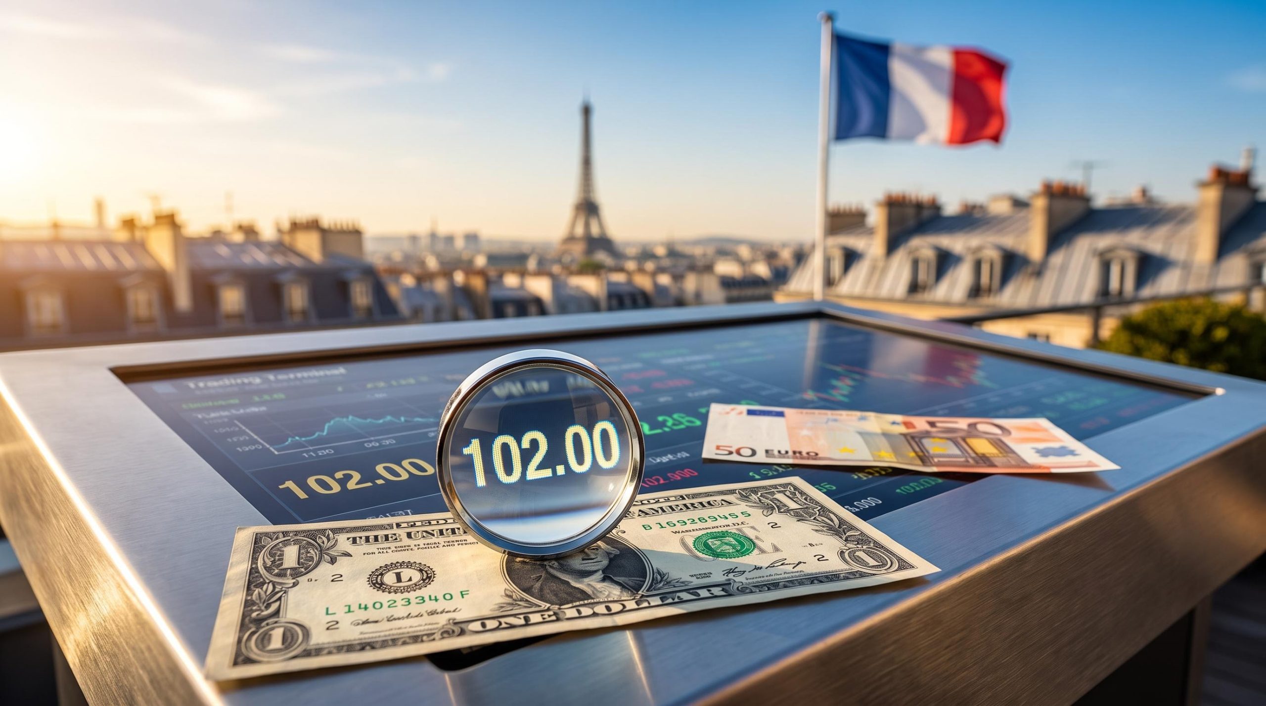 US Dollar market analysis: loupe over a dollar note beside a euro note against the Paris skyline, DXY at 102.00