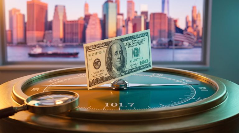 US dollar outlook: banknote balanced on a dial pivot reading 101.7 against a Manhattan dusk skyline, a two-way DXY market