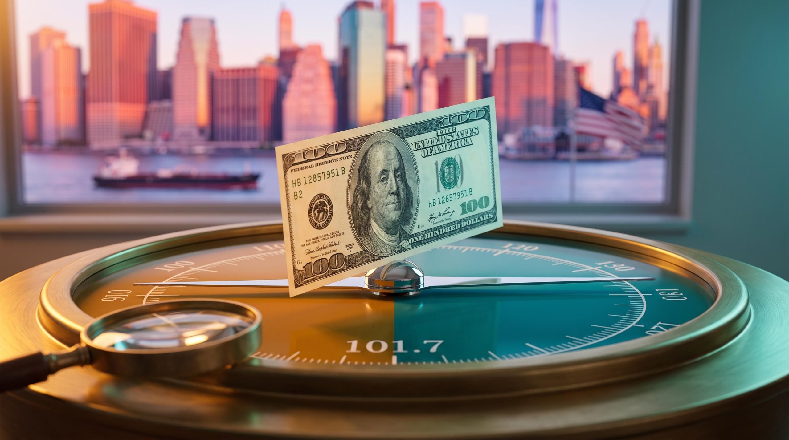 US dollar outlook: banknote balanced on a dial pivot reading 101.7 against a Manhattan dusk skyline, a two-way DXY market