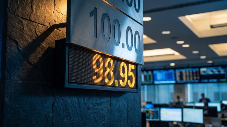 DXY ticker showing 98.95 on forex trading floor as US Dollar outlook hangs below key 100 level