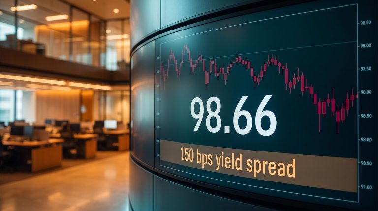DXY index at 98.66 on trading terminal screen as US dollar outlook defies 150 bps yield advantage