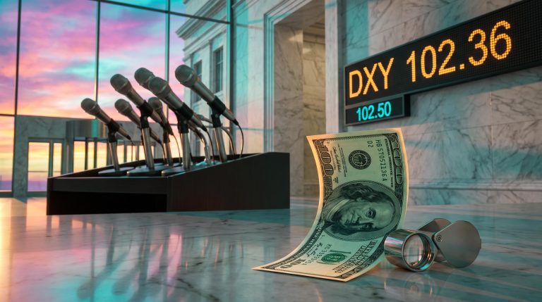 US dollar outlook FOMC: banknote before a ticker board showing DXY 102.36 against a vivid sunrise ahead of the Fed decision