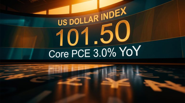 US Dollar Index at 101.50 on trading terminal as PCE core inflation prints 3.0% YoY below forecasts