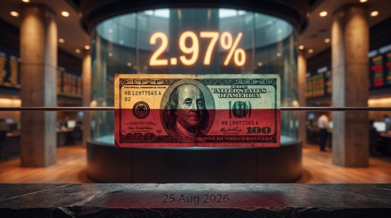US dollar note suspended between amber yield support and crimson policy uncertainty, 2.97% real yield displayed on trading floor screen