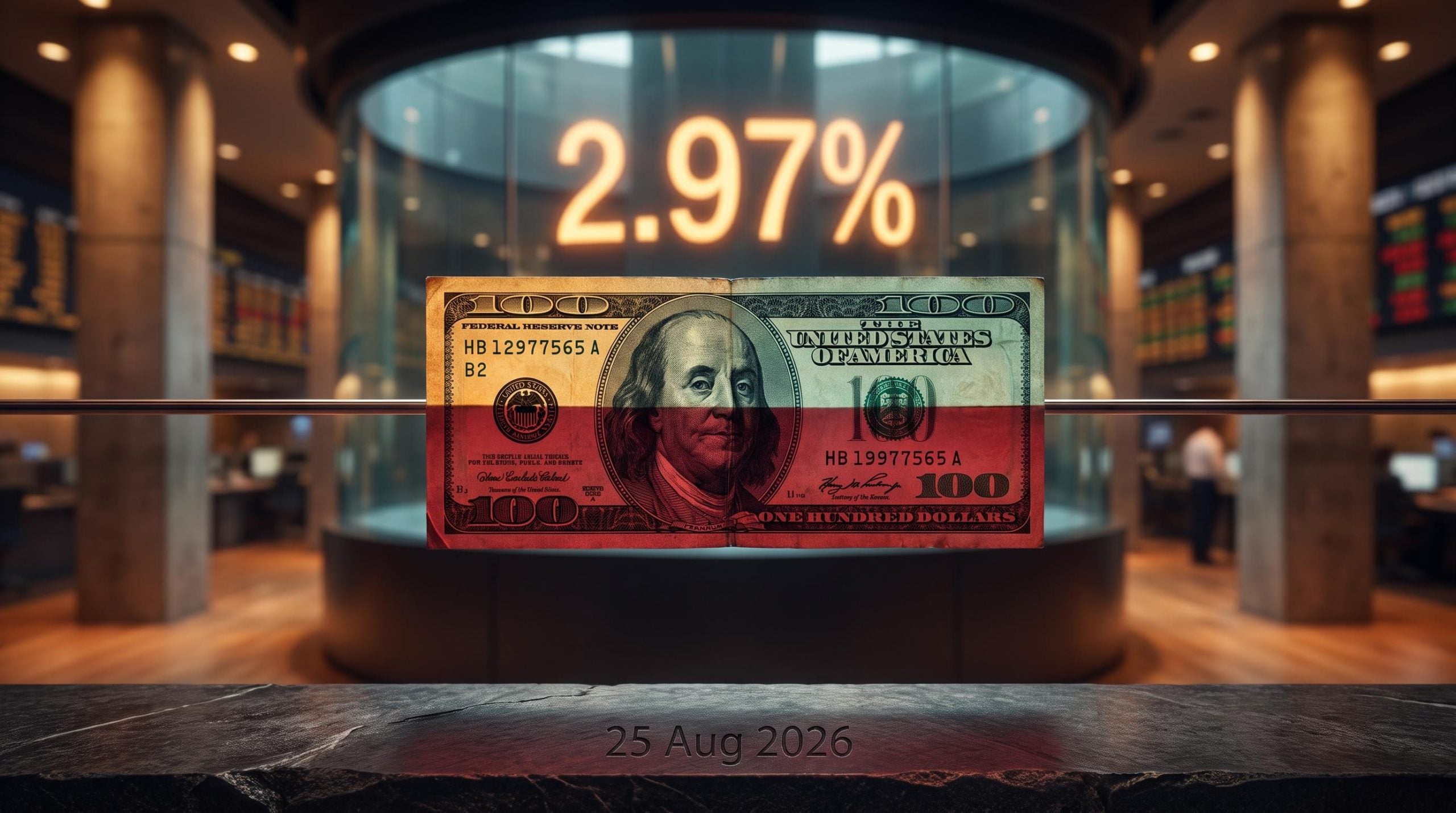 US dollar note suspended between amber yield support and crimson policy uncertainty, 2.97% real yield displayed on trading floor screen