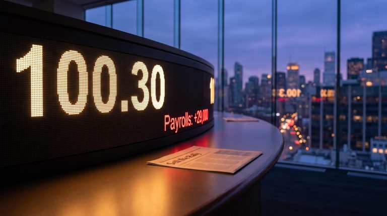 US Dollar Index at 100.30 on trading terminal alongside 29,000 payrolls print — sell-the-rally framework