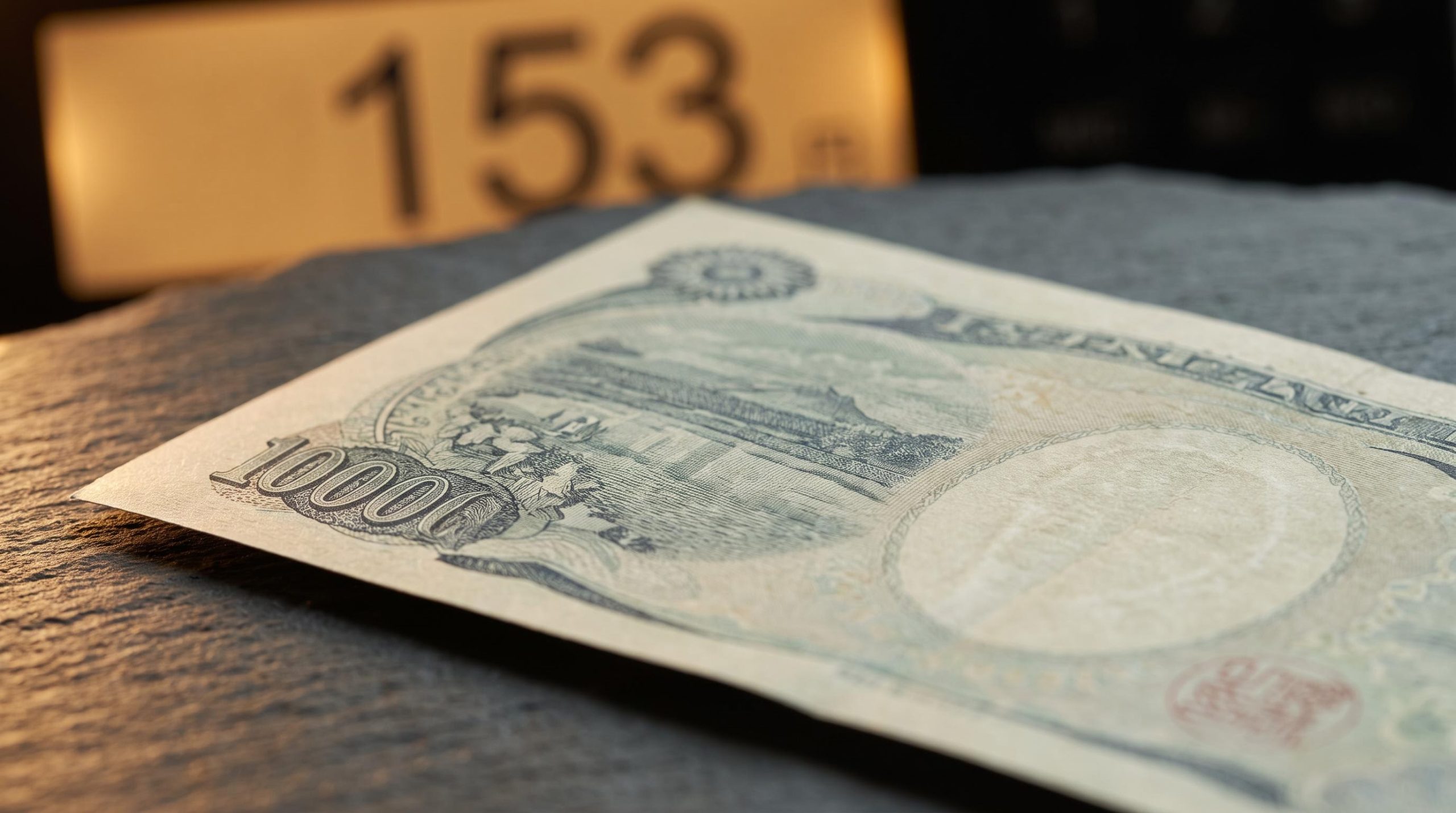 Japanese yen banknote macro with FX terminal showing 153, visualising US Dollar outlook pressure from BoJ normalisation