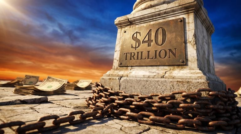 Marble Federal Reserve pillar bound in iron chain with "$40 TRILLION" etched in bronze — US dollar reserve currency pressure