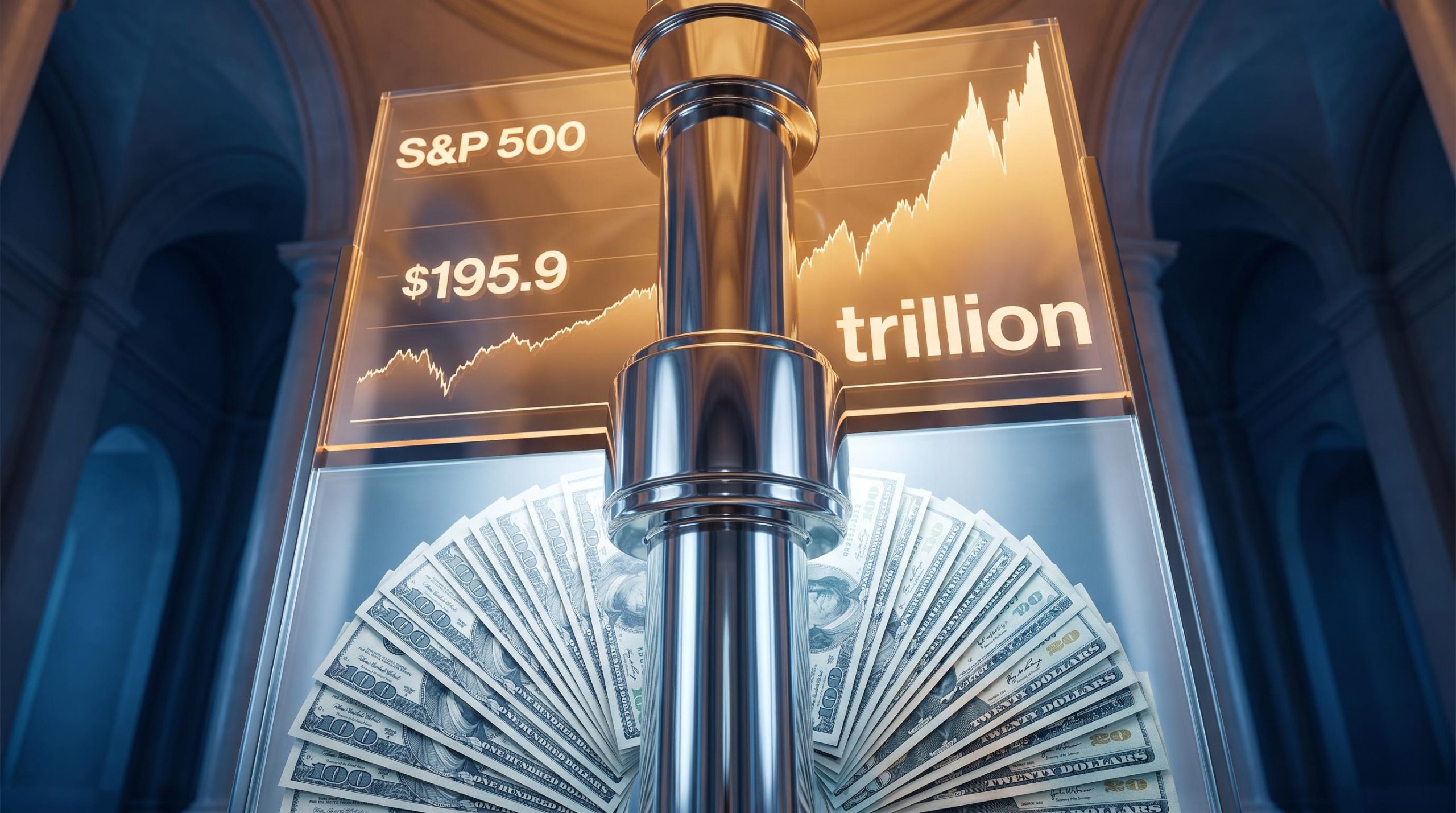 Chrome mechanical link connecting S&P equity chart and US Dollar bills illustrating US Dollar stock market correlation