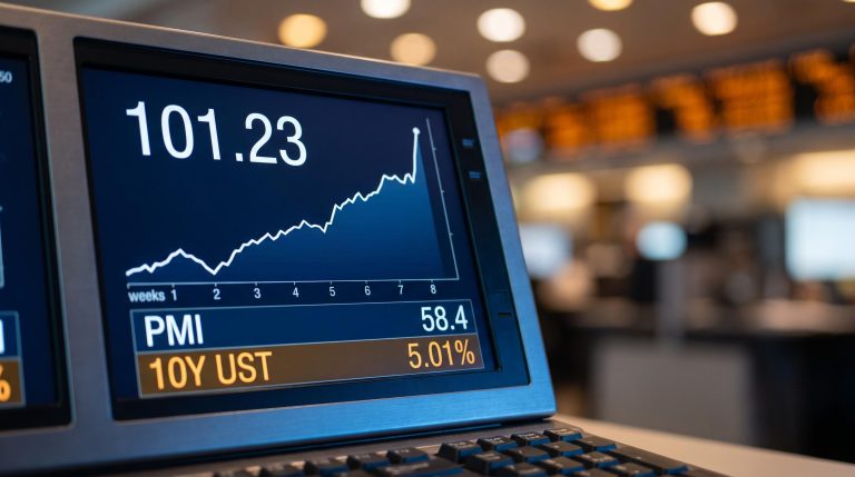 US Dollar Index terminal showing 101.23 as DXY breaks eight-week high on PMI surge and oil rebound