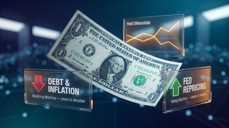 US dollar bill with voting-machine vs weighing-machine data panels showing Fed repricing and yield differential drivers