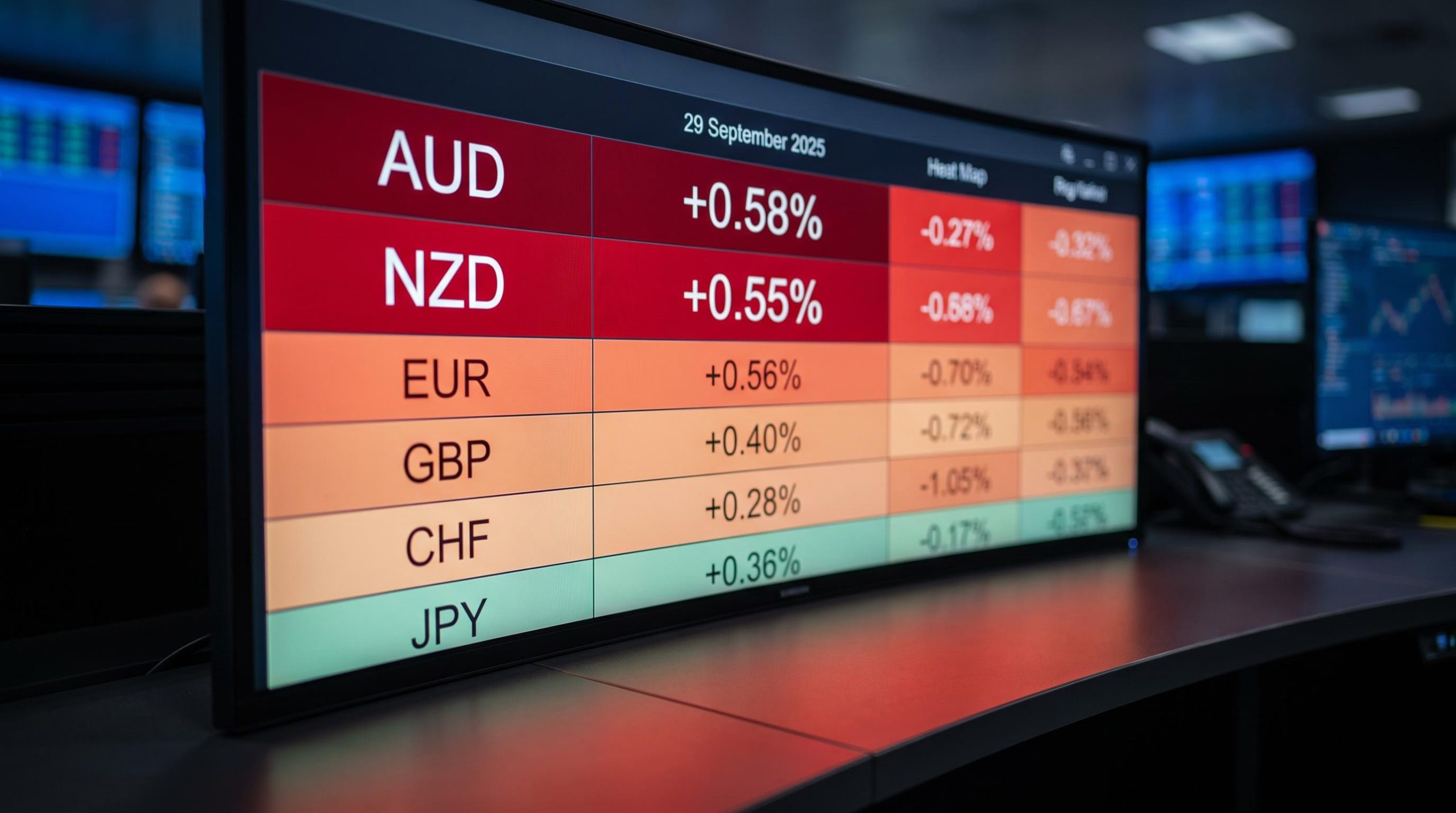Forex heat map showing AUD down 0.58% and NZD down 0.55% as US Dollar strengthens on 29 September 2025
