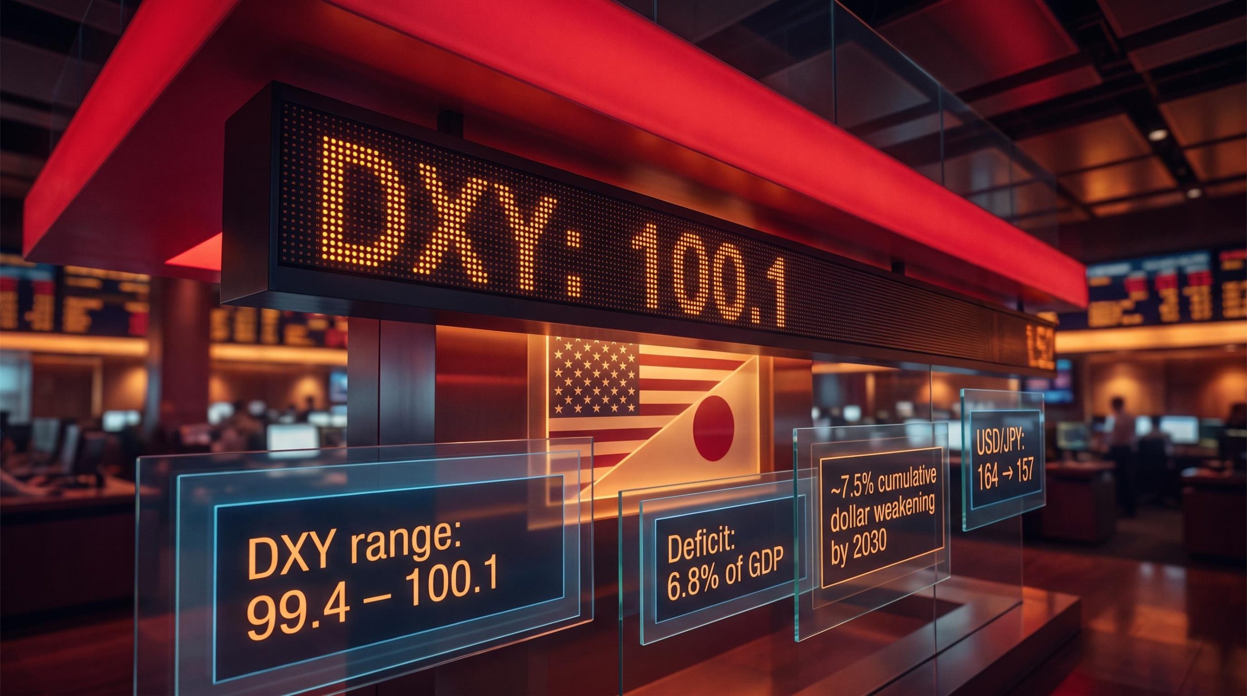 DXY index capped at 100.1 with fiscal deficit and USD/JPY intervention data panels signalling US dollar weakness