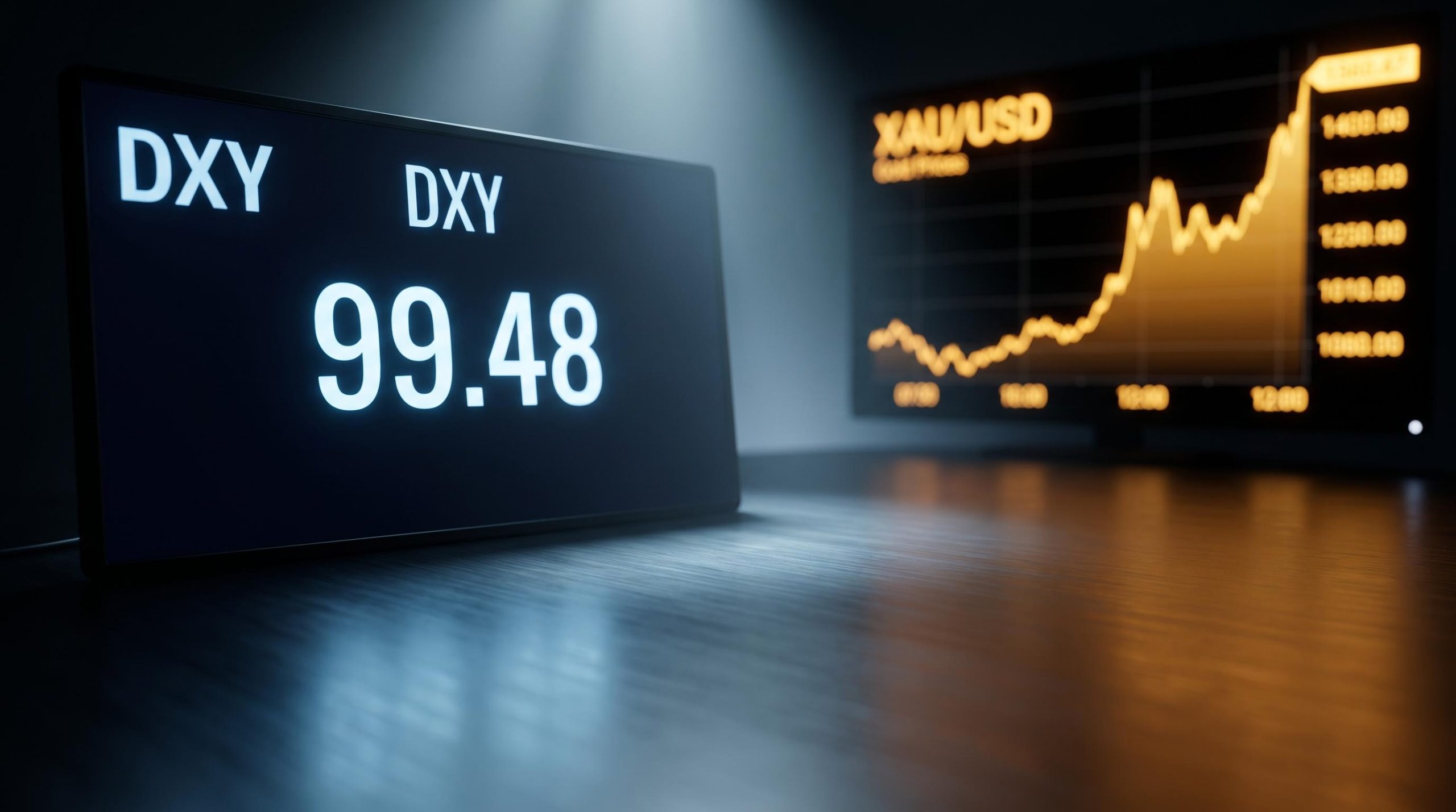 Dollar Index at 99.48 on trading terminal as gold chart rises, illustrating US dollar weakness amid synchronized rate hikes