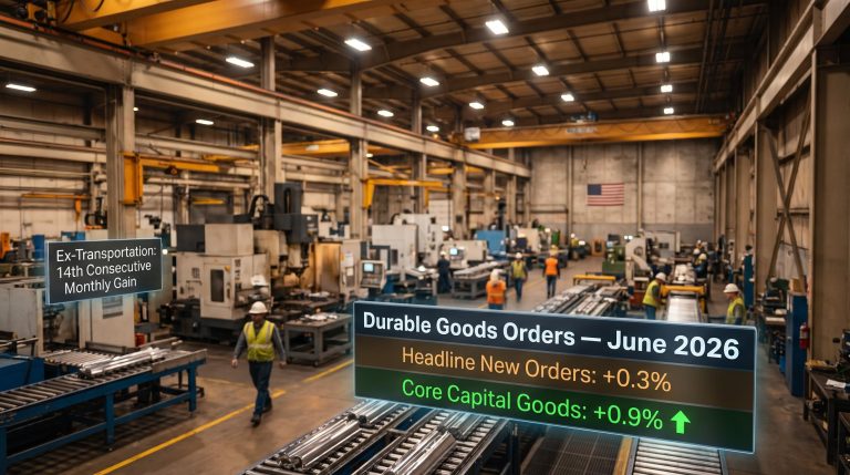 US factory floor with durable goods orders data panels showing core capital goods 0.9% amid June 2026 headline miss