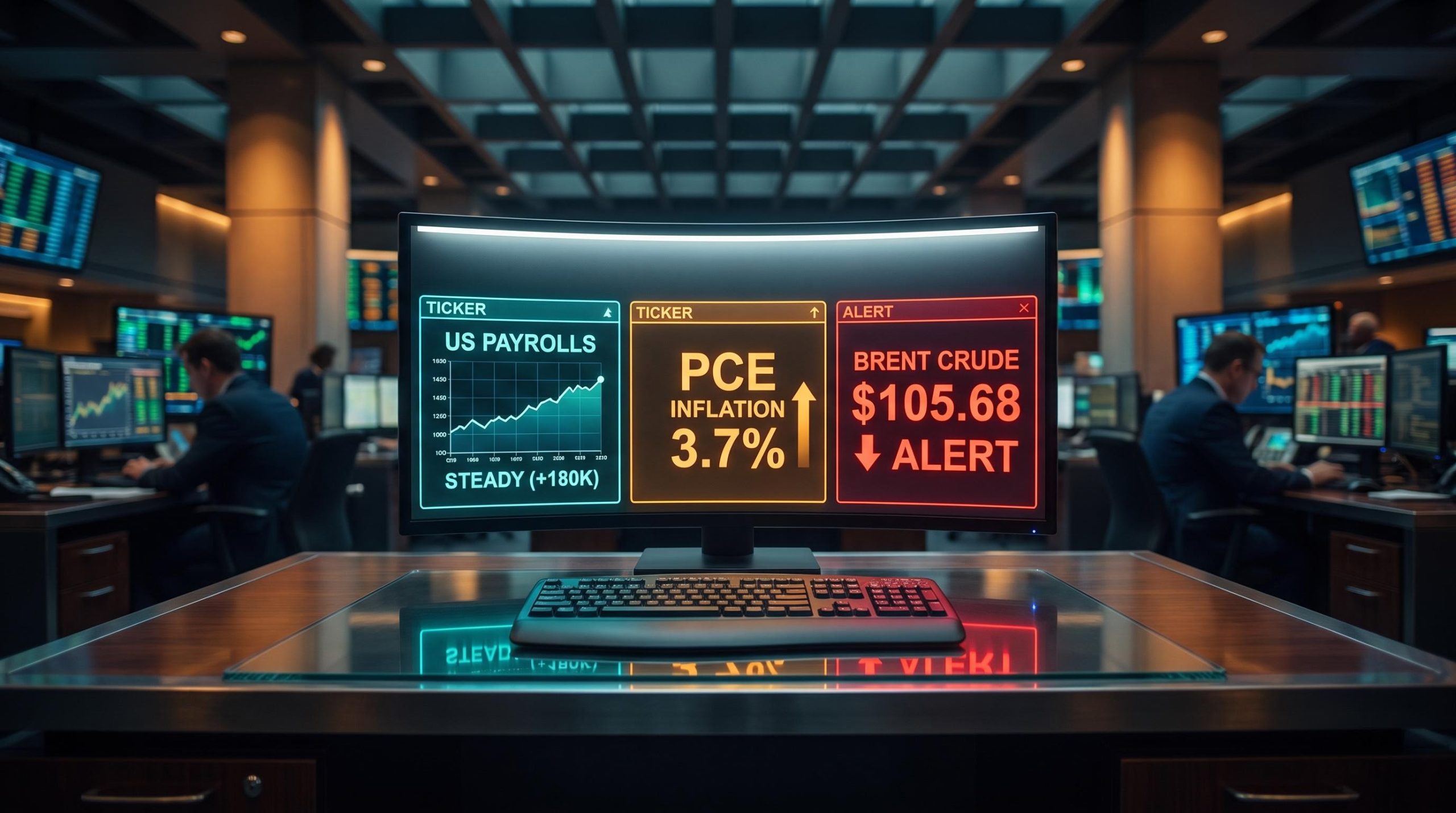 Financial terminal showing diverging US jobs, PCE inflation at 3.7%, and Brent crude at $105.68 on a trading floor